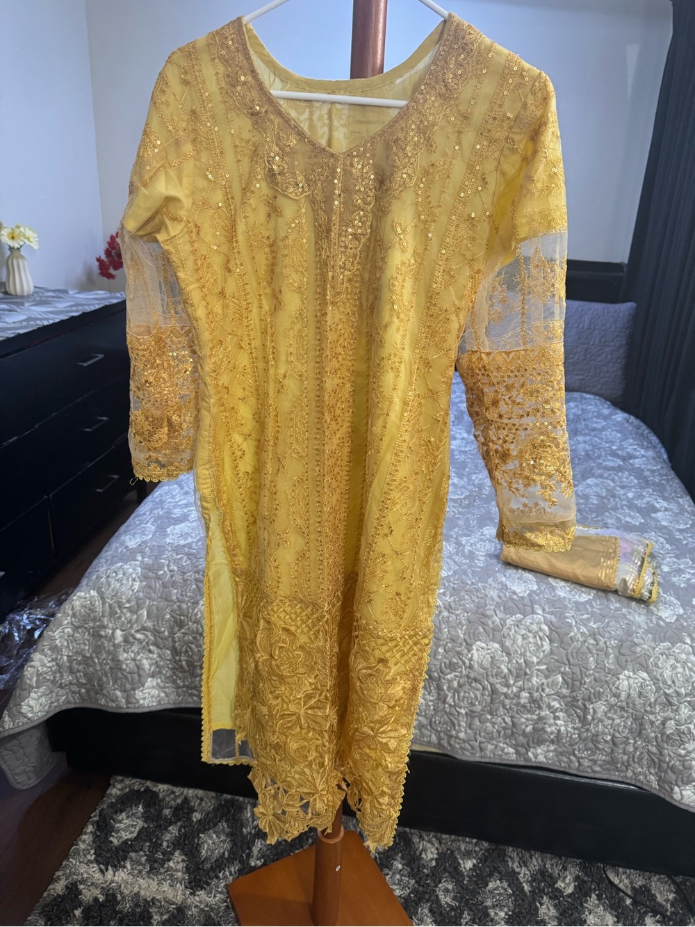 Elegant Long Sleeve Embroidered Yellow Dress